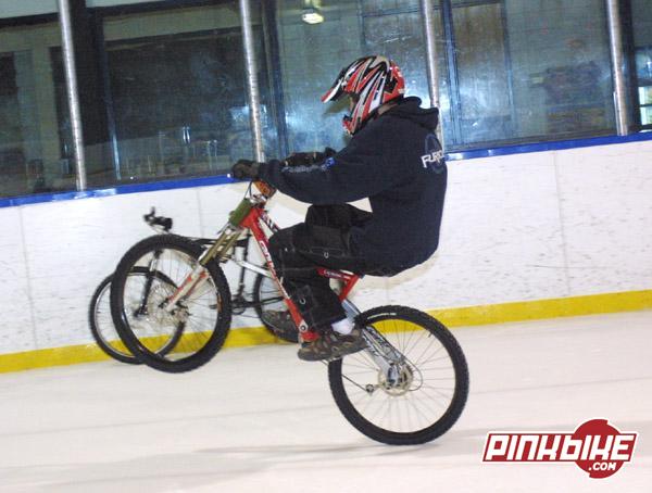 Pulling a wheelie on the ice in Niagara Falls during winter-tire testing.