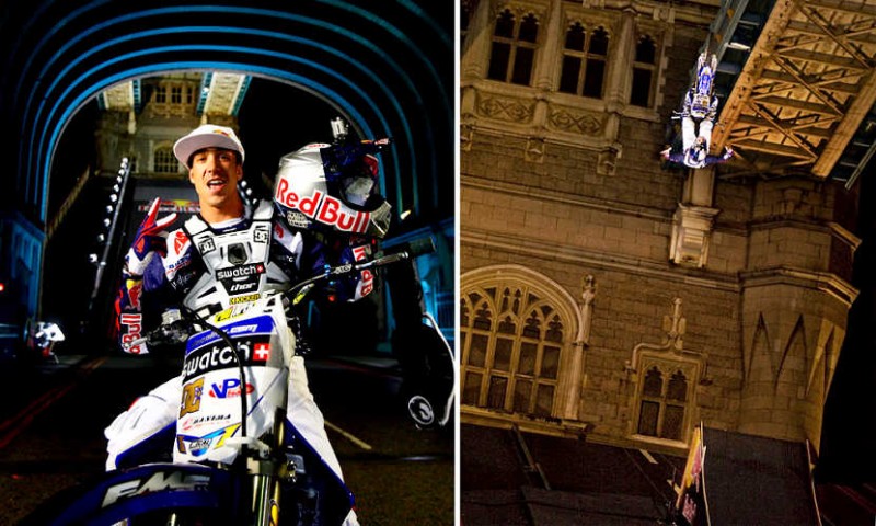 Robbie Maddison backflip no hand over the Tower Bridge
 2009 7 13 here is video
http://www.pinkbike.com/video/89879/