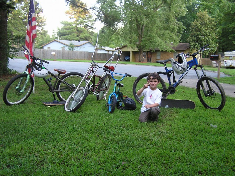 (left to right)
My Trail or park, my scrapper bike, Dylan's DOPe, My Dirtbag.