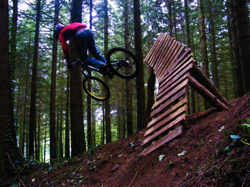 Me hitting a new stunt i built up in the woods....