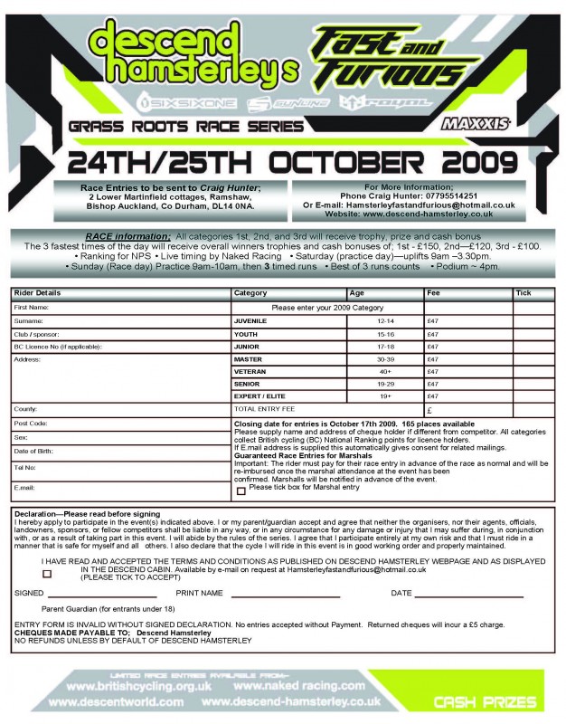 race entry form for fast and furious!