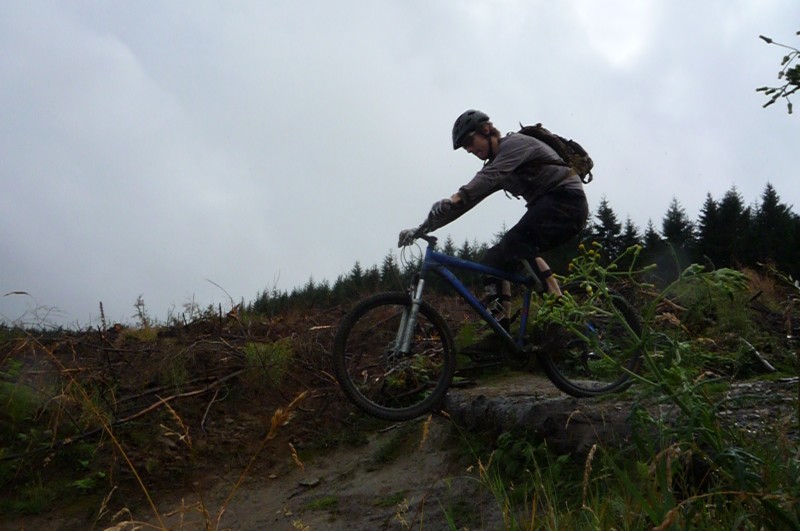 having fun on a greasy wet drop on the Bringewood trails