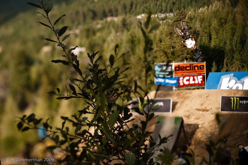 Kelly McGarry massively inverts a 360 during the 2009 Kokanee Crankworx slopestyle in Whistler, BC.