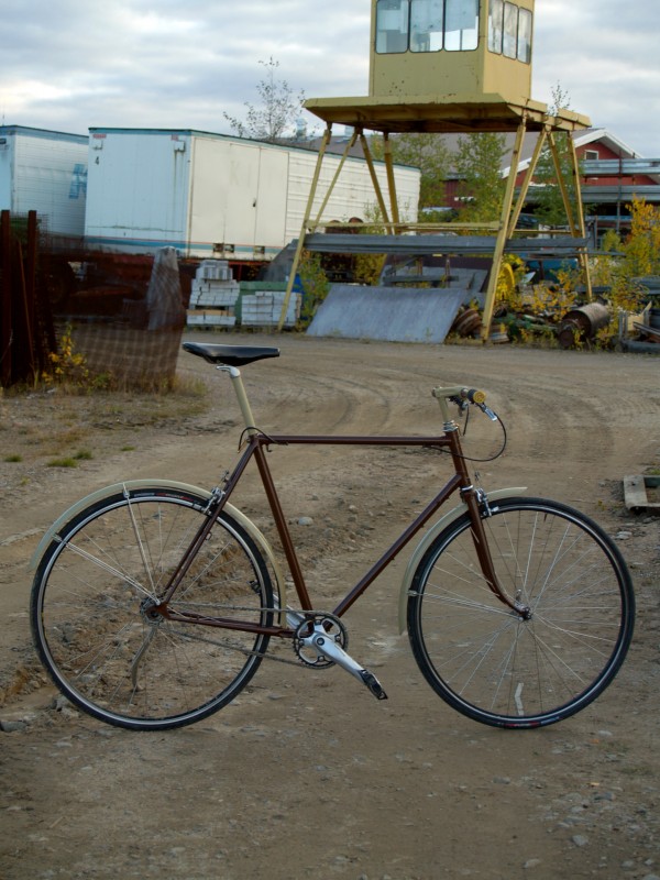 I was one day at the local recycle center seeing if there was any useful bikes and there it was, at the top of the pile, 1979 Peugeot record du monde frame with little rust. It  had stem, brakes and seatpost on it. Painted the frame and fitted few new parts to it.