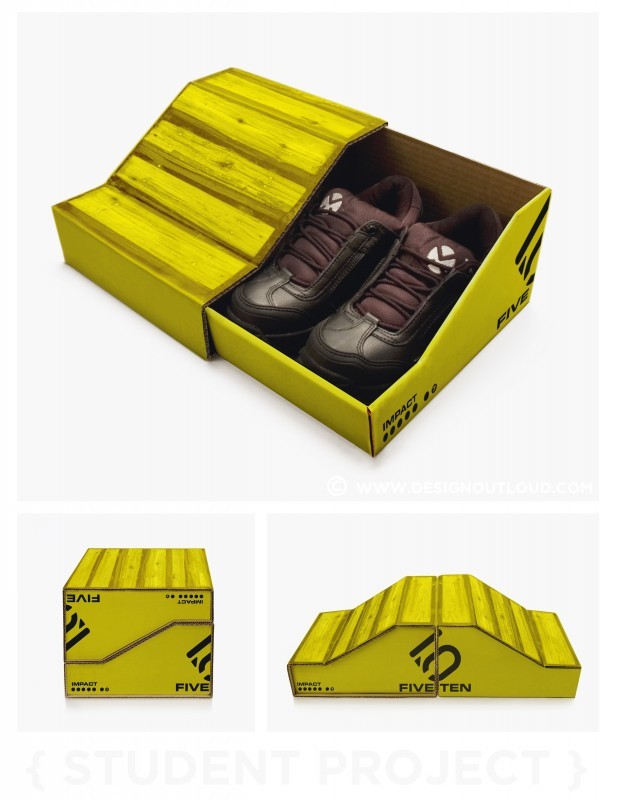 For a student project we were challenged to redesign a shoe box for a chosen company. As a graphic designer and an avid mountain biker I chose FIVE TEN. The boxes can be merchandised back-to-back to create a connected series of ladders while being easily stackable. LMK what you think!