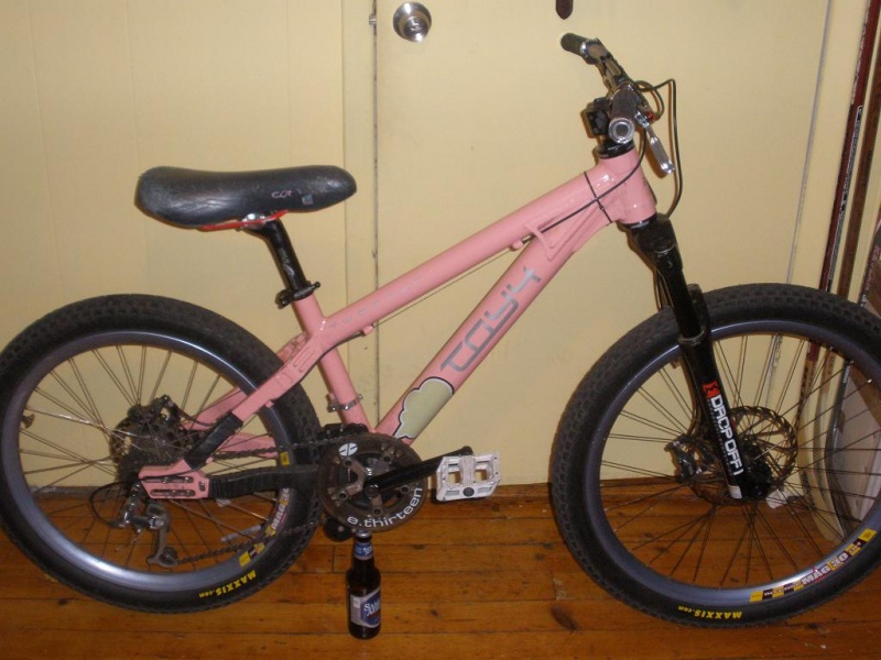Two Four Toy4 frame
Marzocchi Drop Off 1 fork
Intense Mag30 rims
Race Face evolve seat post
Hope rear hub
Marzocchi QR20 front hub
Profile cranks
Maxxis Holyroller tires
Kenda control dh saddle