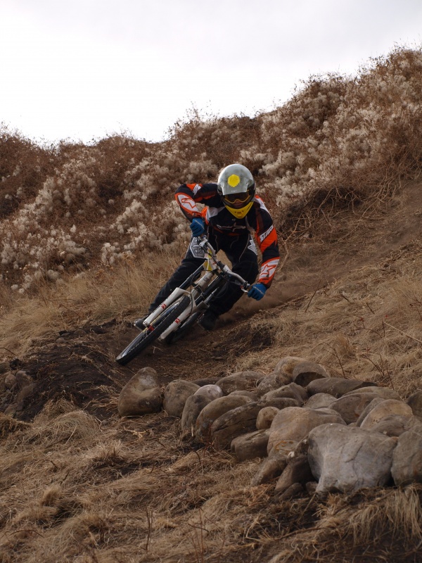 Riding the DH track.
