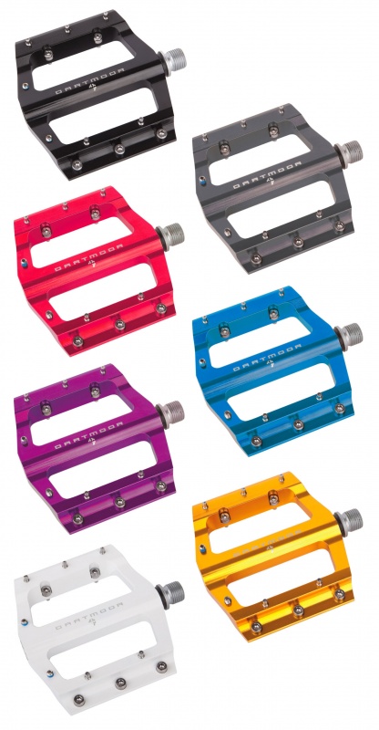 Fever pedals. Ultra lightweight. One piece thin body. Custom shape. Two sealed bearings and bushing for perfect, smooth rolling. 7 pins per side (5 screwed from the bottom). Height: 16mm. Platform size: 95x95mm. WEIGHT: 380g. DARTMOOR-BIKES.COM