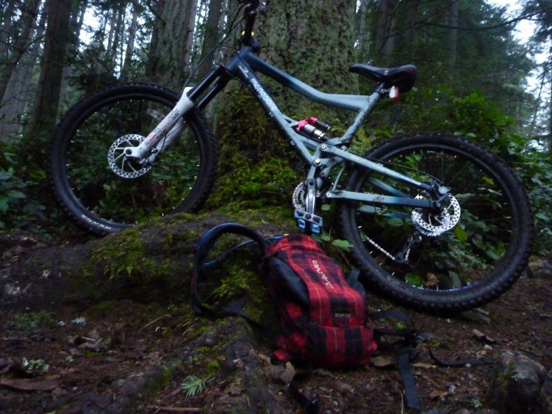 My bike and stuff next to a tree, which is also next to a trail...how about that!?