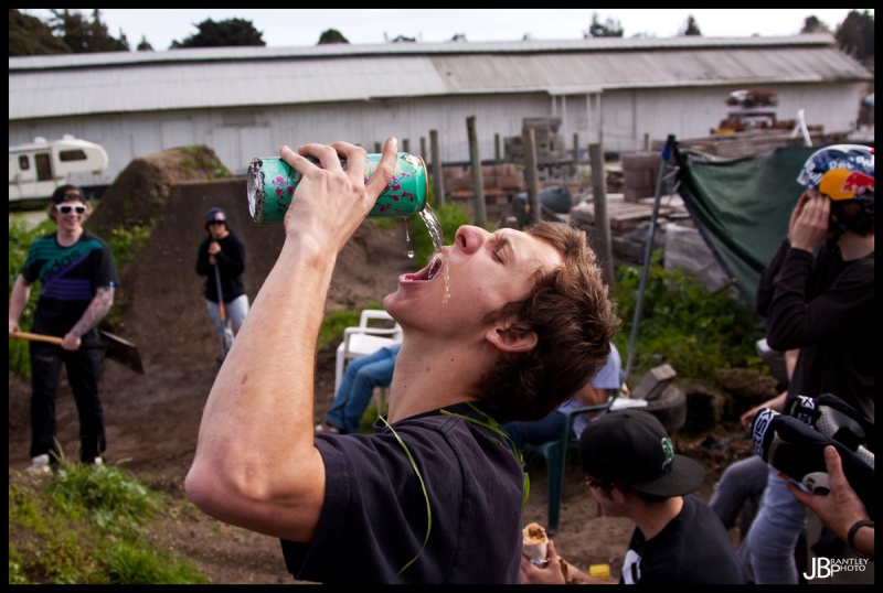 Cob takes a nice fat chug of a tasty beverage after digging a bunch!