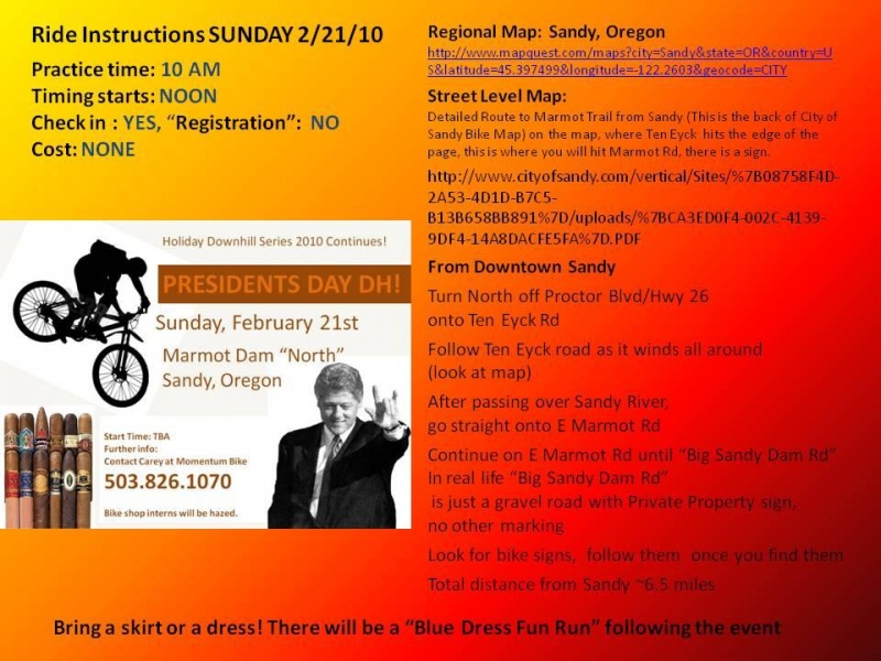 Instructions for "President's Day Race" being held Sunday, Feb. 21st outside Sandy Oregon