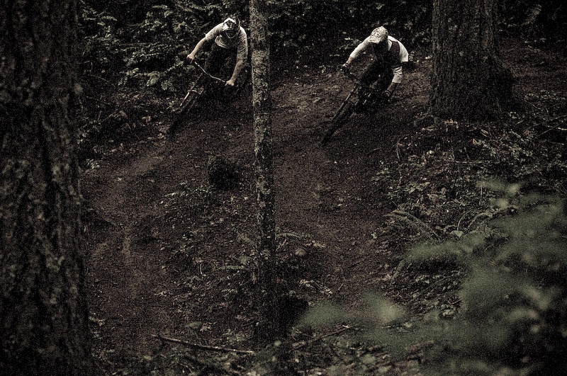 While we still had a sliver of light left, and gnarly, sopping wet dirt to work with, we finished off the day getting both riders chasing each other around.