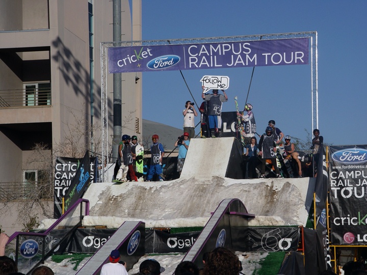Ford Campus Rail Jam at Arizona State University, got my bro to hit the box with my Follow Me sign. He's about to drop in. Not photoshopped. Notice the dude taking a picture of him. Even the announcer was saying "follow me" over the PA.