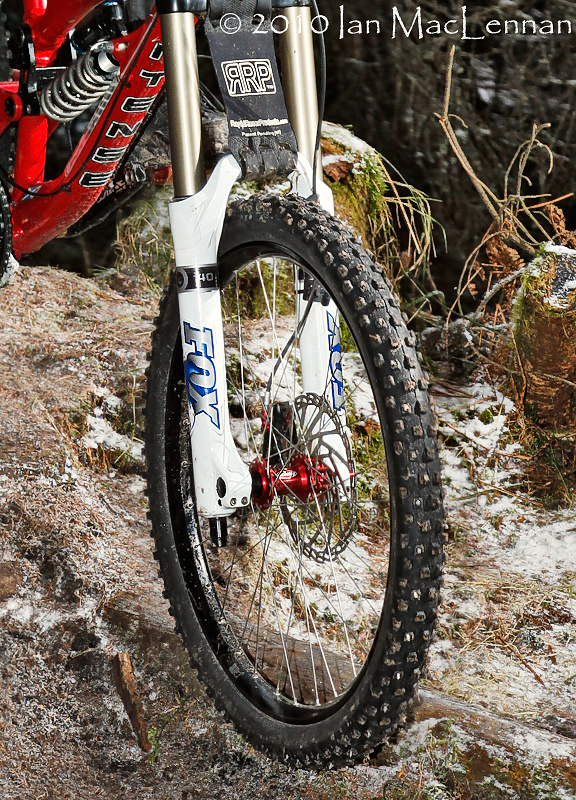 Innerleithen Alpine Bikes Winter Series - Round 2, 2010. Pics by Ian MacLennan. Close up shot showing self tapping screws in the tyres to deal with ice!