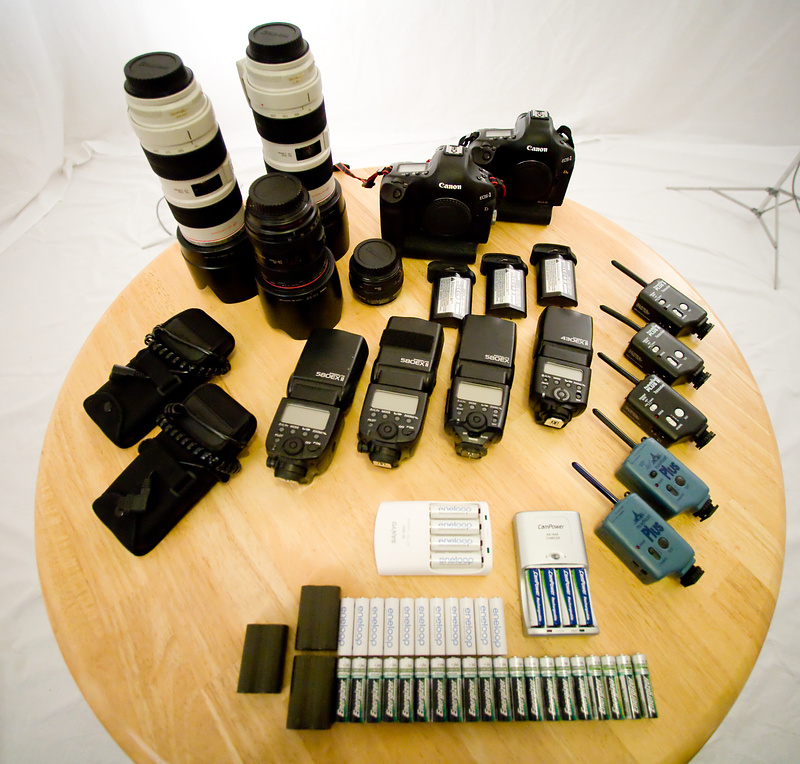 Gear I use

Canon 1Ds MkIII
Canon 1D MkIII
2X Canon 70-200mm f/2.8L IS
Canon 24-70mm f/2.8L
Canon 50mm f/1.4
2X - 580EXII
1X - 580EX
1X - 430EXII
2X - CP-E4 Battery Pack for 580EXII
3X LP-E4 Batteries
3X - PW PlusII remotes 
2X - PW Plus remotes
Not shown -  
1.4x Teleconverter
Canon 300mm f/4IS
Canon 5D w/grip took the shot with Canon 14mm f/2.8L lens