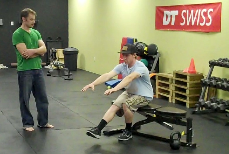 Team Yeti's Aaron Gwin demonstrating a single leg squat.