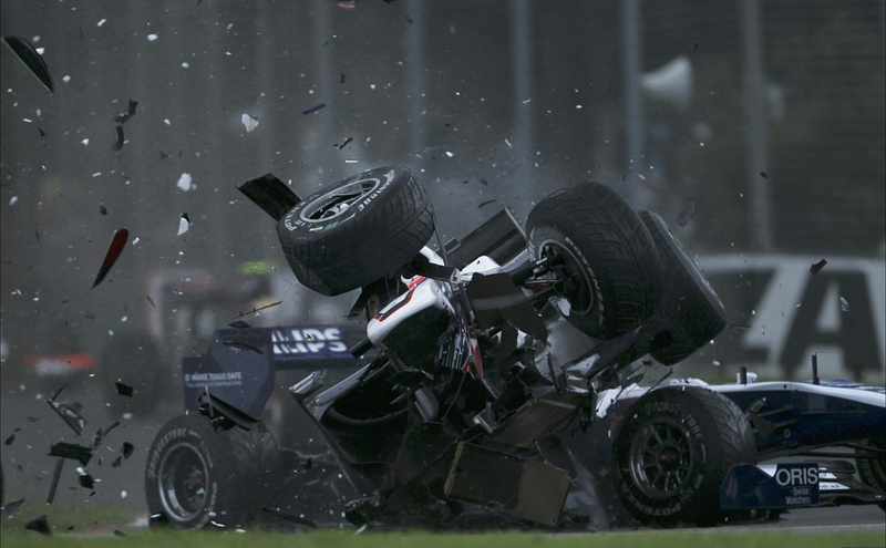 Kobayashi wing failure and heavy crash with Hulkenberg and Buemi