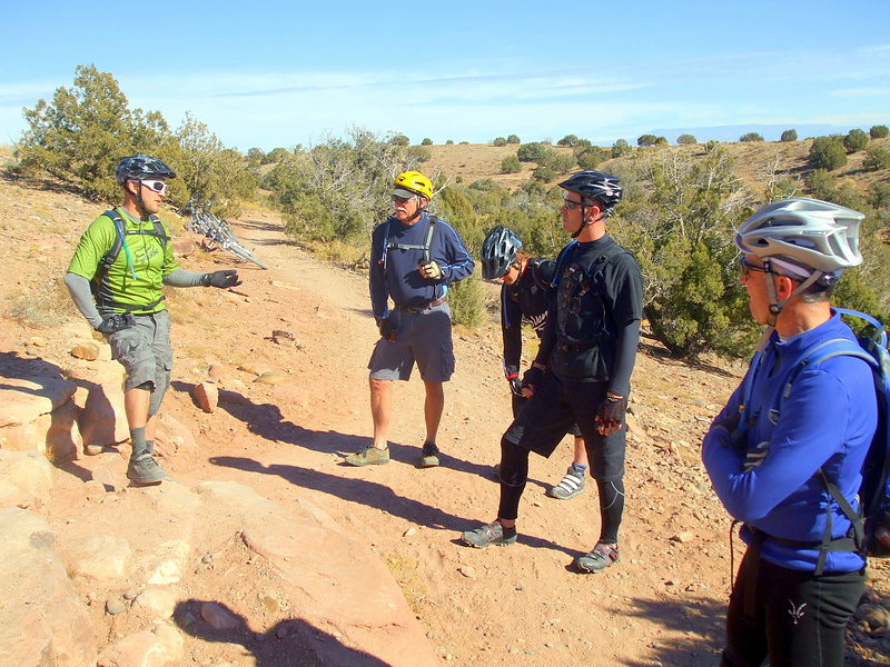 Andy, Jerry, Julie, Dan, &amp; Chuck. Coach Andy instructs us on riding over technical terrain