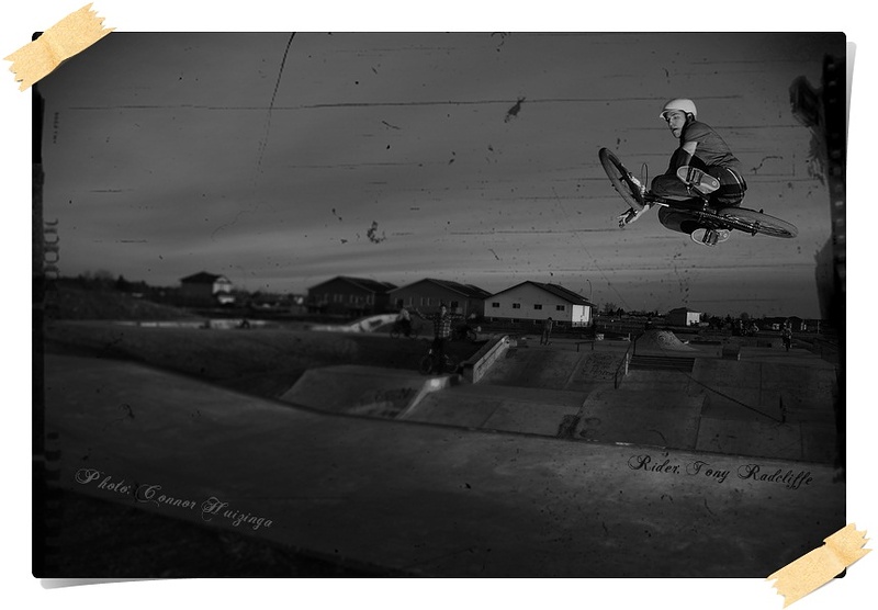 black and white edit of me airing the 1/4 pipe. Photo by Connor Huizinga