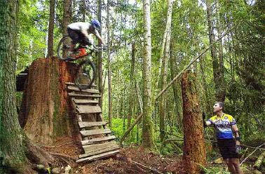 This is one of my best friends and he made the front page of the Bellingham Herald last week with a big article on freeriding!!!  This is the link :
http://news.bellinghamherald.com/stories//20010720/FrontPage/60828.shtml
That ladder was broken before and on the side of the trail, but he put it up anyways and jumped down.  By the way that's a KHS Fetish with a Hanebrink G-7 fork.
