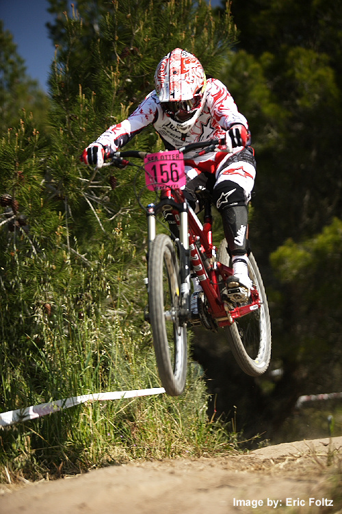 Pro rider Anneke Beerten racing Downhill at the 2010 Sea Otter Classic.