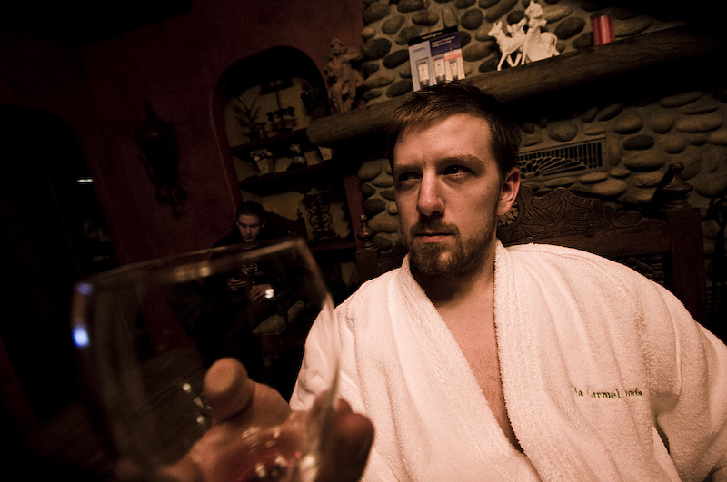First night at the mansion. Aaron Larocque, warming up to the new digs.