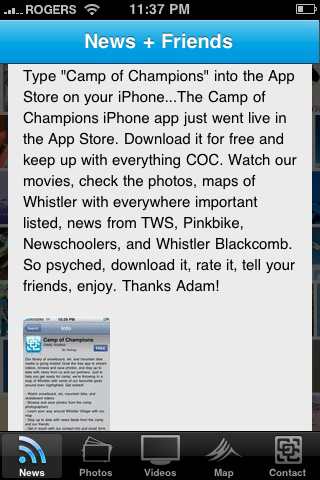 After you download the new COC iPhone App from the App Store, this is what you will see when you click on "The Camp of Champions" under the "News" tab.