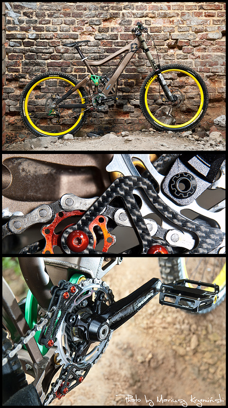 Przemysław Sosnowski bike. full carbon Weeze chainguide (proto), Chainring and bolts.

http://www.dh-zone.com/News/1392.html