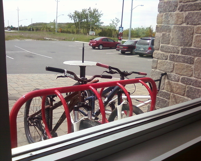 our bikes outside of mc donalds, brady was hungry