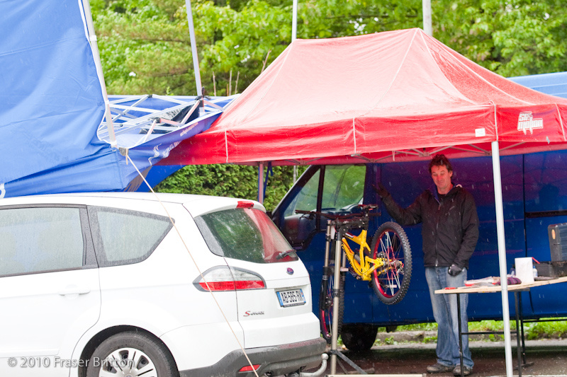Crazy windstorms blew through Saturday night. Sunday morning, Bryn's tent had a second story. Mechanic Jason Marsh soldiers on as if nothing is wrong and with no regard for his own safety.