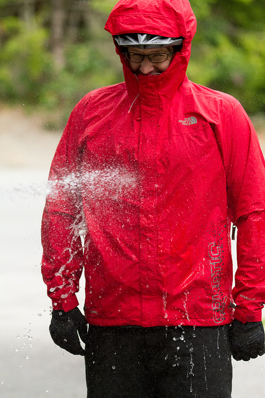 Mike proving the fact that the North Face Splatter Jacket is waterproof.