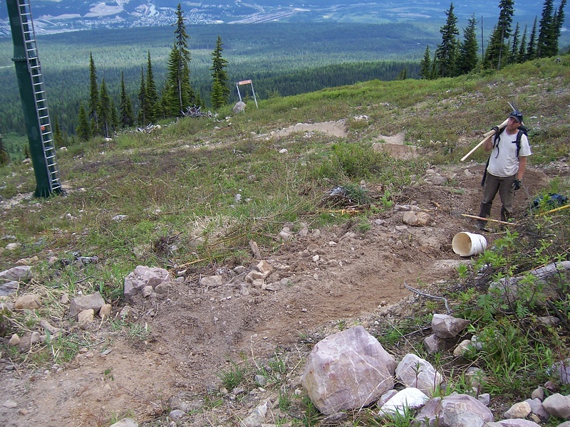 After shot of link to original trail of the new reroute at Kicking Horse. Hard to see, but it is a style section, not a speed section.