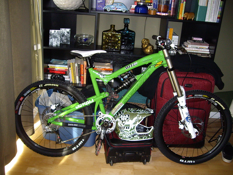 Blind Bobby's green machine for the Megavalanche. Bobby and I are headed to France to race the Mega on July 10-11. Before that, on July 3-4, we will race Italy's Pro Super Enduro Series. Santa Cruz Nomads equipped with WTB parts and Fox suspension will be our tools for the job.