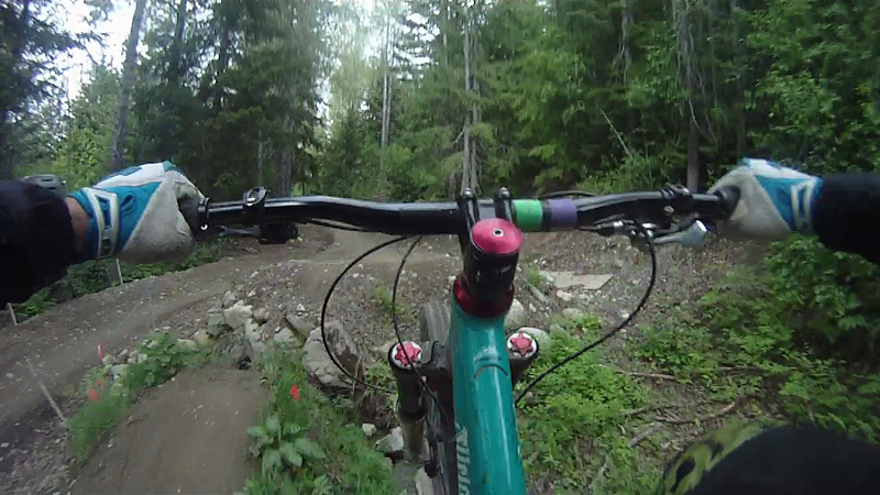 Chest-eye view of the bigger creek-gap off the wooden booter.  Still-frame from a GoPro HD courtesy of http://www.whistleractioncams.com/

Full video here: http://www.pinkbike.com/video/146519/
