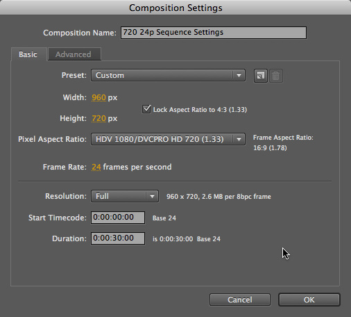 Composition settings for 720 24p footage from a Panasonic HVX or HPX