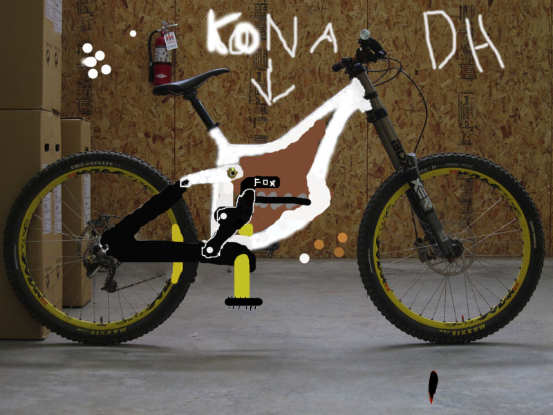 this is a kona dh bike that i turned into my own design. the brown thats in the middle of the frame is so post to be wood. tell me what you think about the bike!