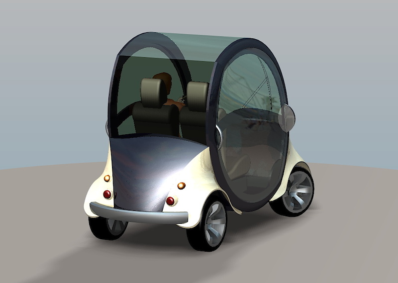 Small urban vehicle, having dimensions close to those of the "Smart" car. Based on a golf cart base. Can be produced with electrical or gas engines.