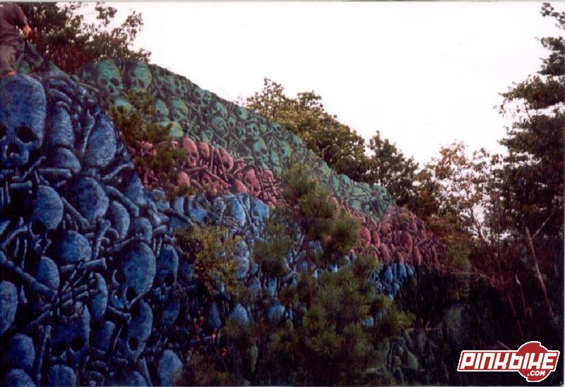 This is one crazy graffety job. This cliff is called Skull Rock. It is about 30 to 40 feet tall and it is just about the coolest thing I have ever seen. Each skull is painted right down to the last detail. You should go see it for your self.