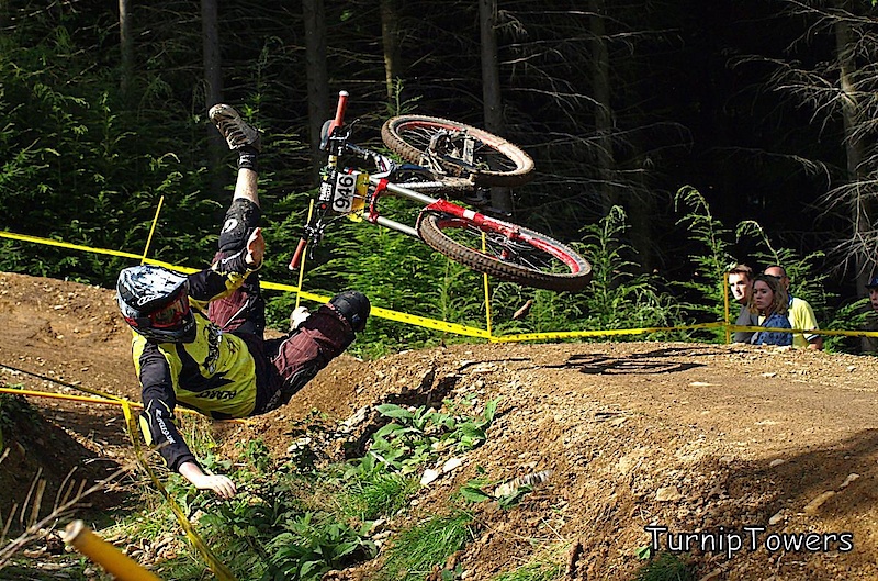 The approach to this table at Bucknell was a big ski-jump followed by pretty harsh braking bumps which were causing problems for quite a few riders. I think this was Sam Petford's first race after recovering from breaking both wrists, so I think that this shot says quite a lot about the mindset of DH riders!