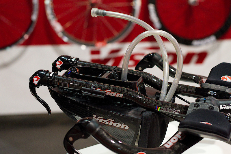 Hydration on the go is a must, and the guys over at the FSA booth had this unique system setup. This isn't news by any means, but it is still super unique. It incorporates a small reservoir and some pinch valves on hoses. BAM, hydration on the go!