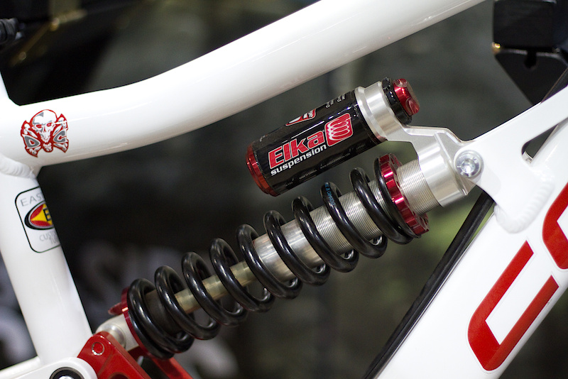 Elka goodness turns the level of Canadiana in this photo up to 11. The made in B.C. Cove Shocker gets a geometry tweak that brings it more in line with other current race bikes, with a 64 degree head angle and a 1.5