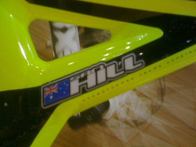Sam Hill's 2010
Demo 8 race bike. Complete with signature, so he doesn't forget who he is when riding the monster.