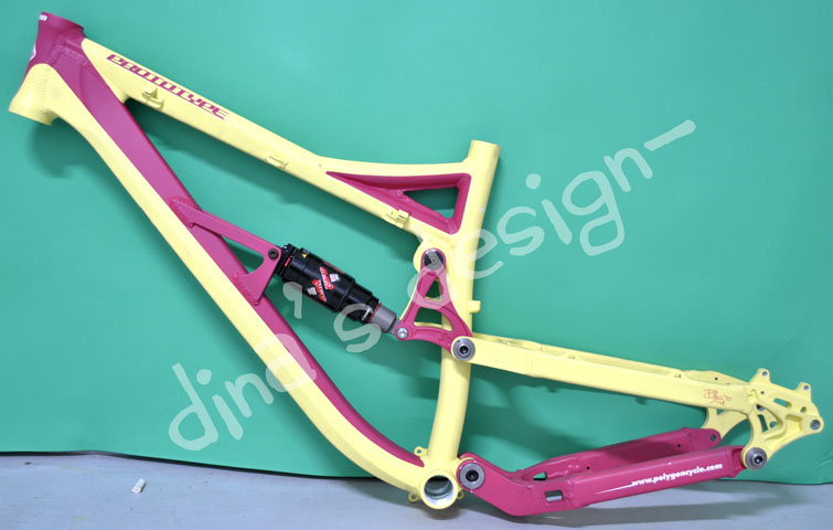banana-yellow-and-strawberry-pink-colored women specific 6" travel DH bike