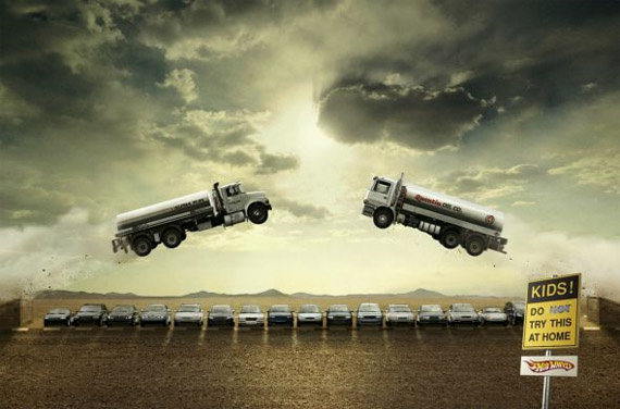 a stunt  with trucks