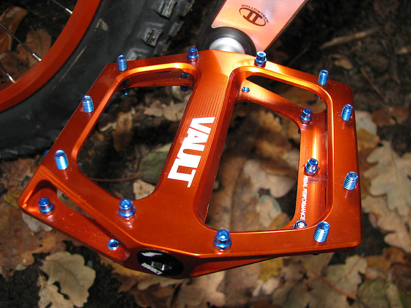 DMR's new "Vault" pedal in burnt orange with blue pins