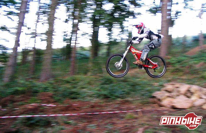hitting the newly built jump into the bombhole on Hamsterley's DH track.