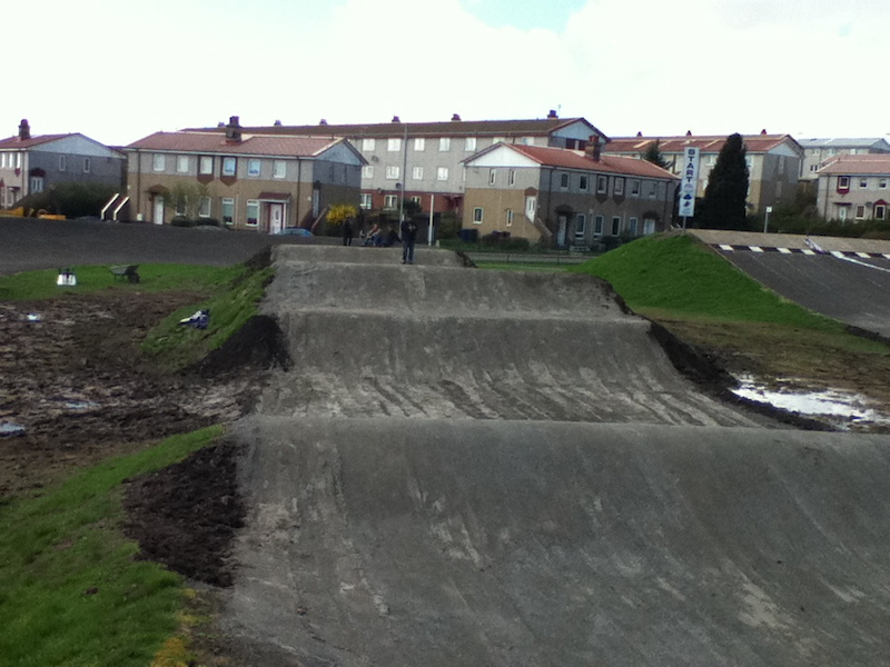 Photos of progress on revamp of clydebank bmx track work still in progress  ,  view of 2nd straight consisting of speed jump , step up/ stepdown , step up .