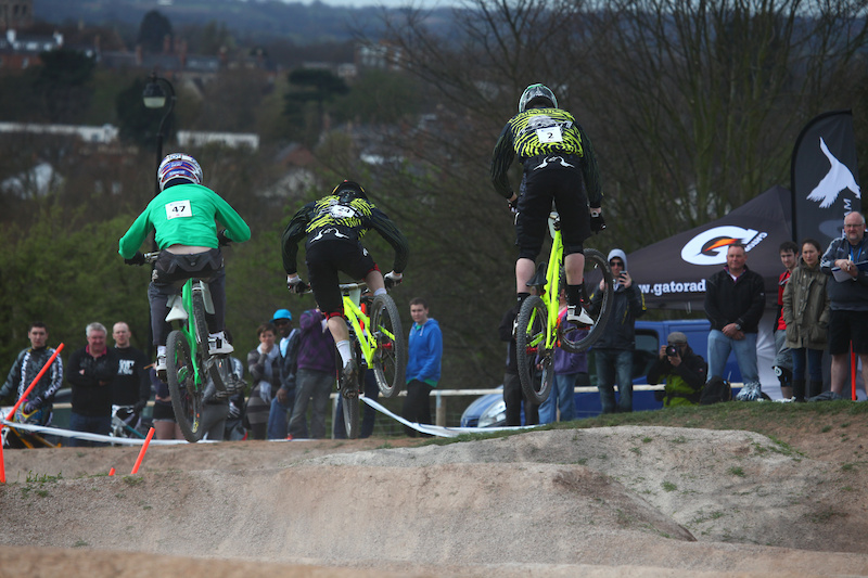 Tom and Scott in their first moto down the first straight