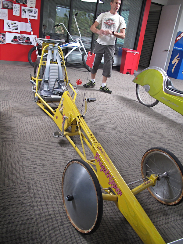 Specialized's Nic Sims was doing his best to keep me out of this concept drag bike, although I am willing to bet that he jumps in it every now and then once everyone else has gone home!