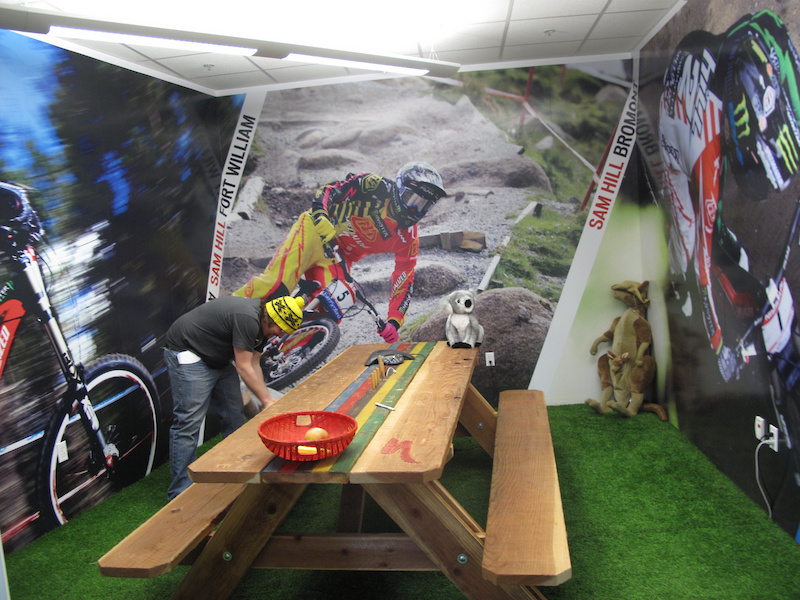 Specialized has a Sam Hill room - no joke. Koala bears, kangaroos, and walls covered in everything Sam. The fake grass on the ground is a nice touch as well!